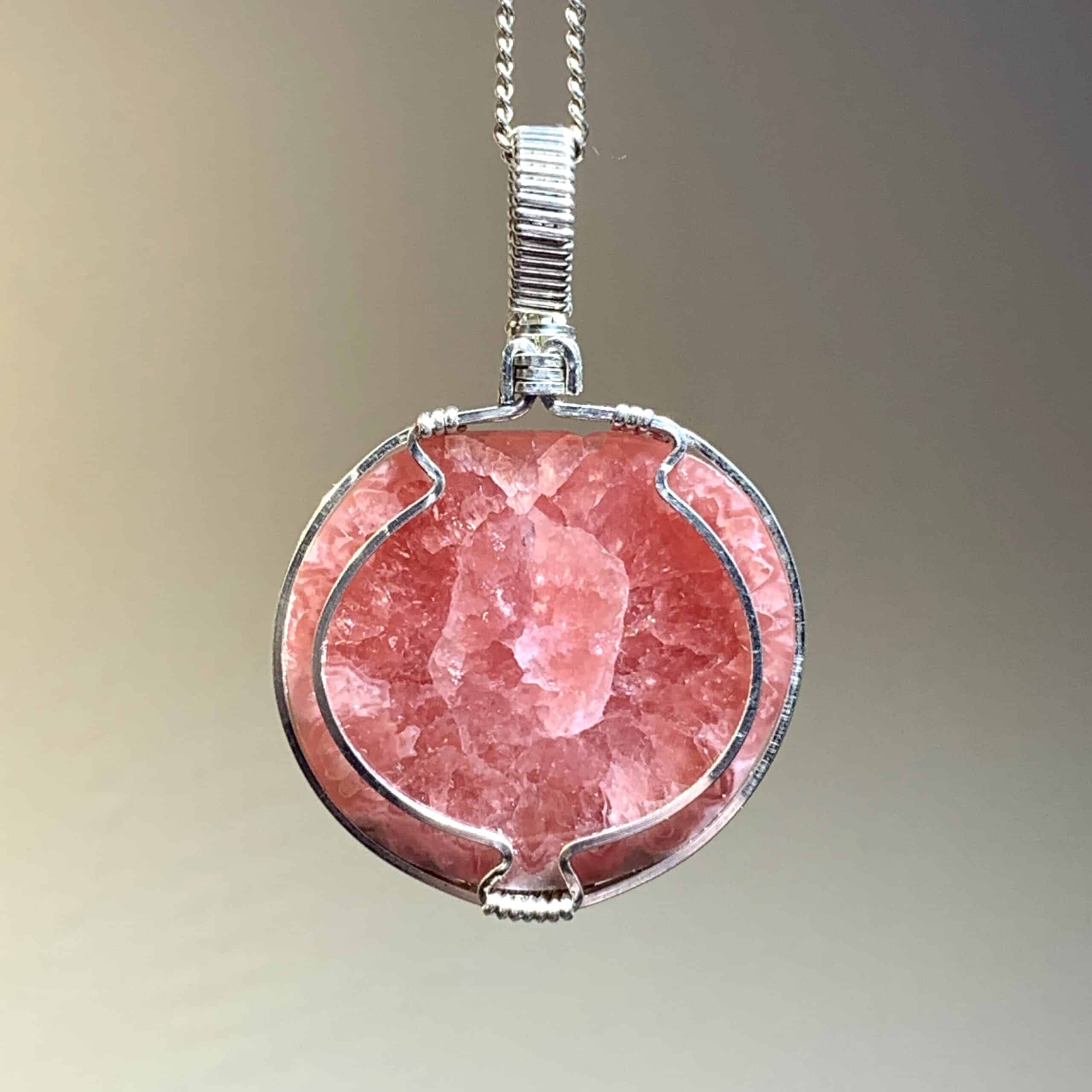 Rhodochrosite pendant - 'half-orb' - Silver wrapped healing crystal ...