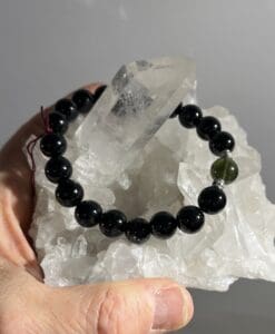 Moldavite bracelet (bead) 10mm large stretchy w Onyx healing crystal